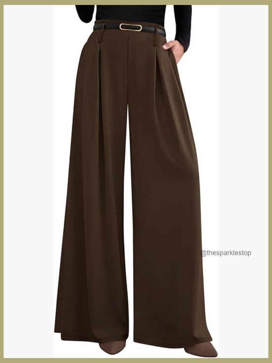 Pants - Wide Leg Pleated High Waisted Dress Pants Elastic Waist Palazzo Slacks